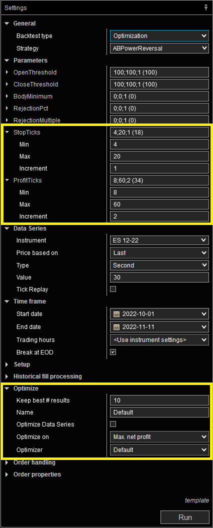 Strategy Analyzer:
Optimization Settings panel